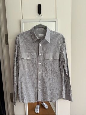 Seersucker Blue and White Mens Over shirt -size medium